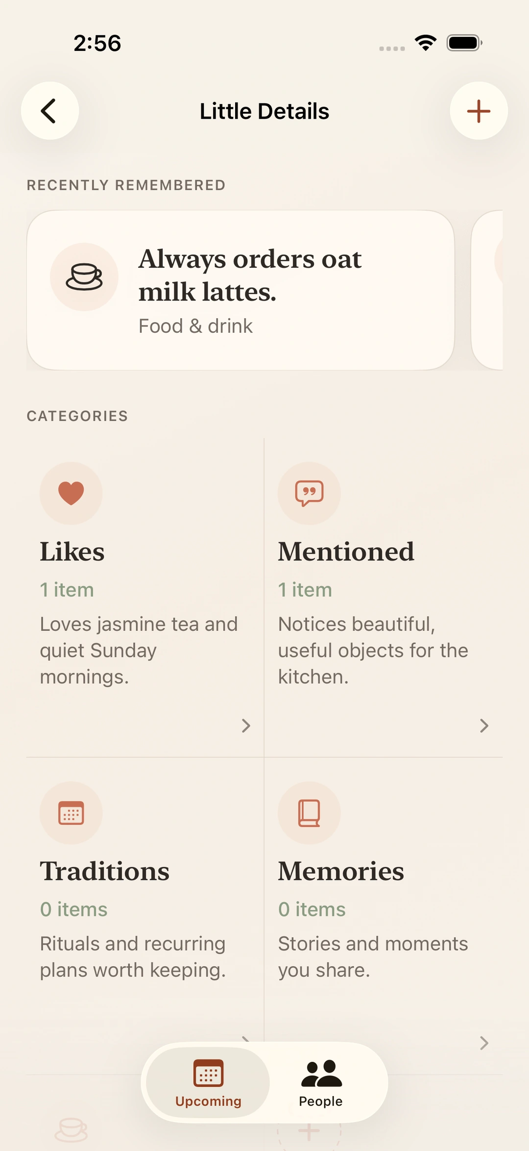 Little Details: always orders oat milk lattes; favorites and passing mentions kept in their own categories.