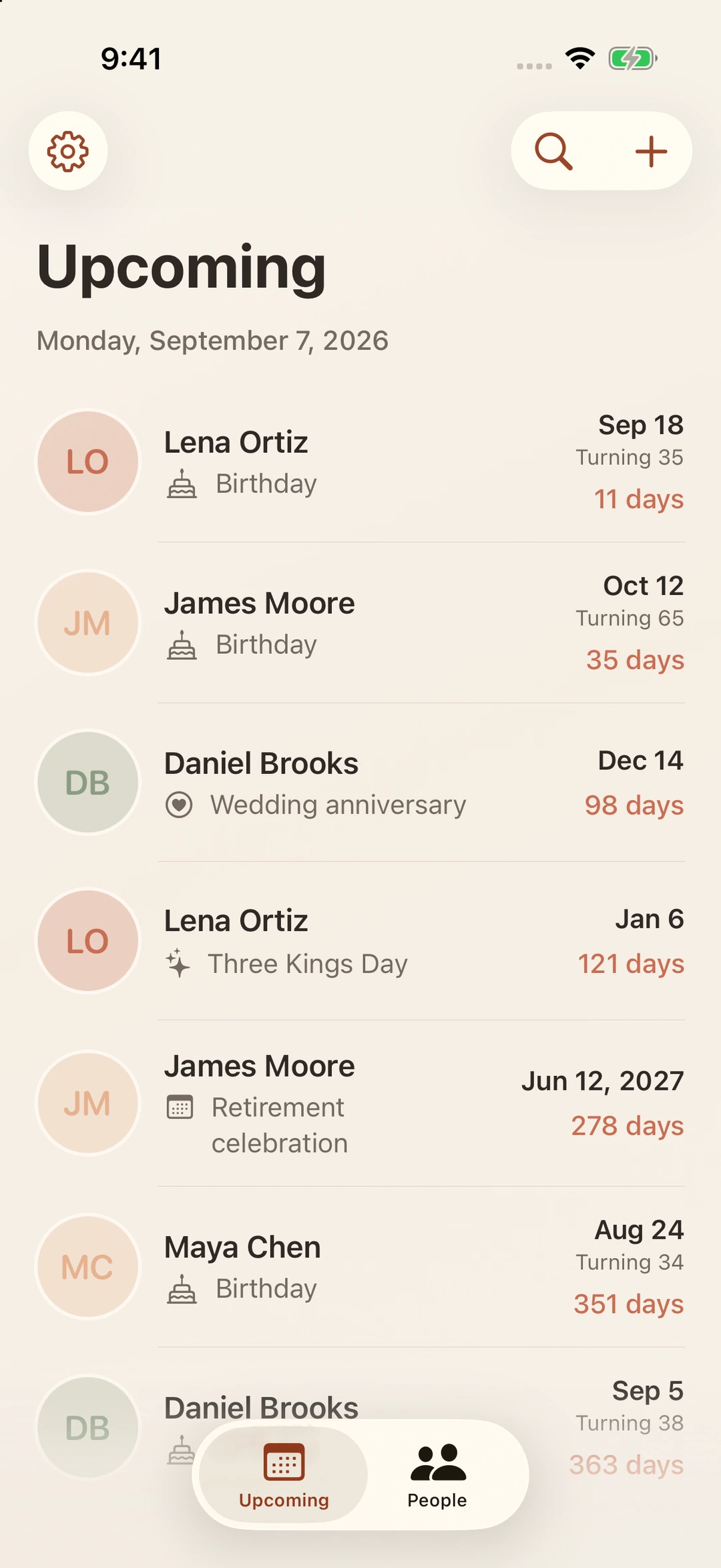Upcoming shows Lena's and James's birthdays, Daniel's wedding anniversary, and another meaningful date in one timeline.